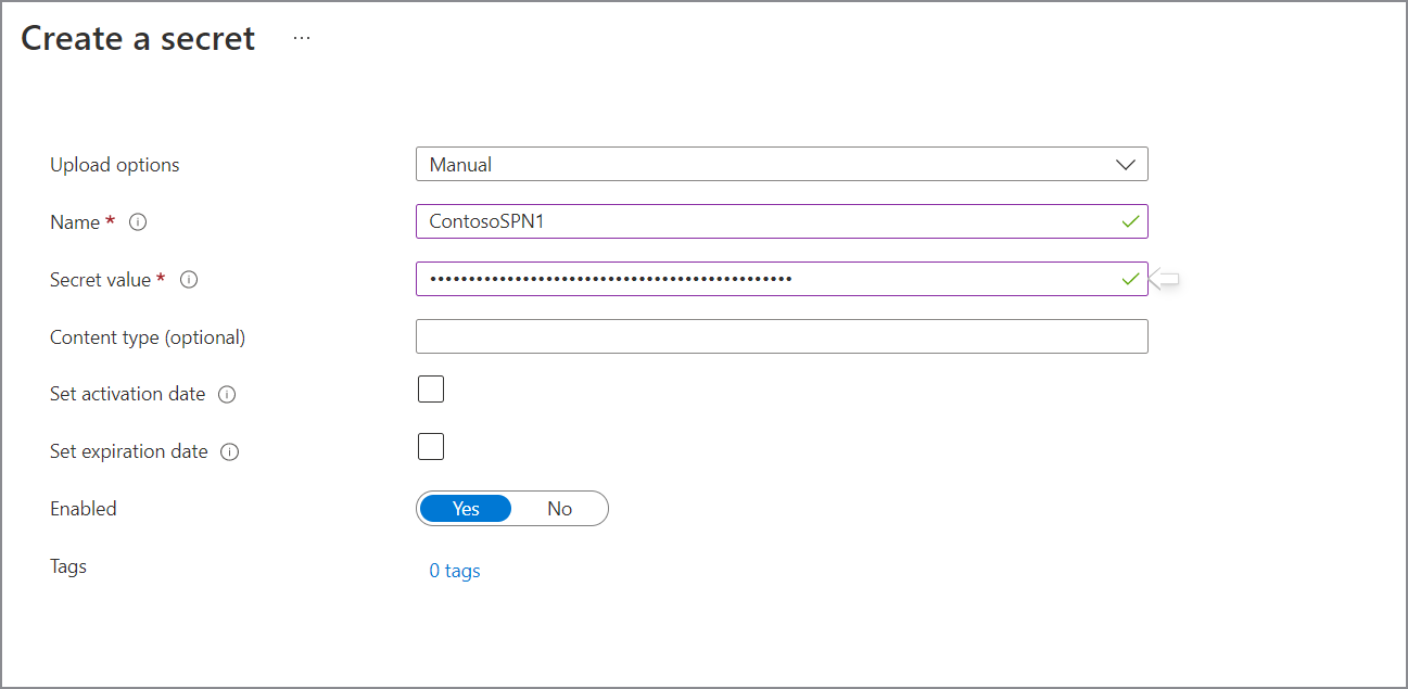 如何为 SPN 生成 Azure Key Vault 机密的屏幕截图。