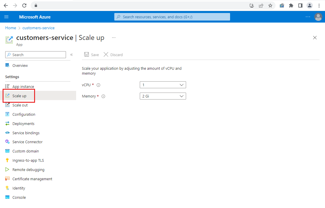 Azure 门户的屏幕截图,其中显示了应用的“纵向扩展”页,并突出显示了“纵向扩展”。