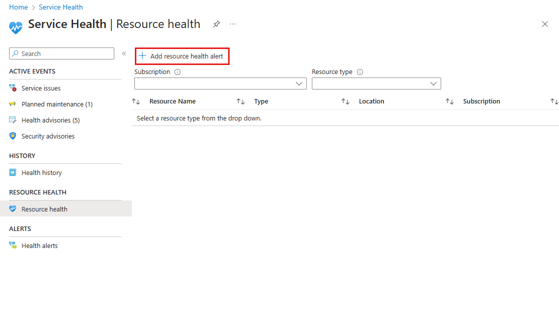 Azure 门户“资源运行状况”页的屏幕截图,其中突出显示了“添加资源运行状况警报”按钮。