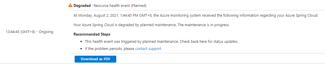 正在进行的计划内维护的 Azure 门户示例日志的屏幕截图。