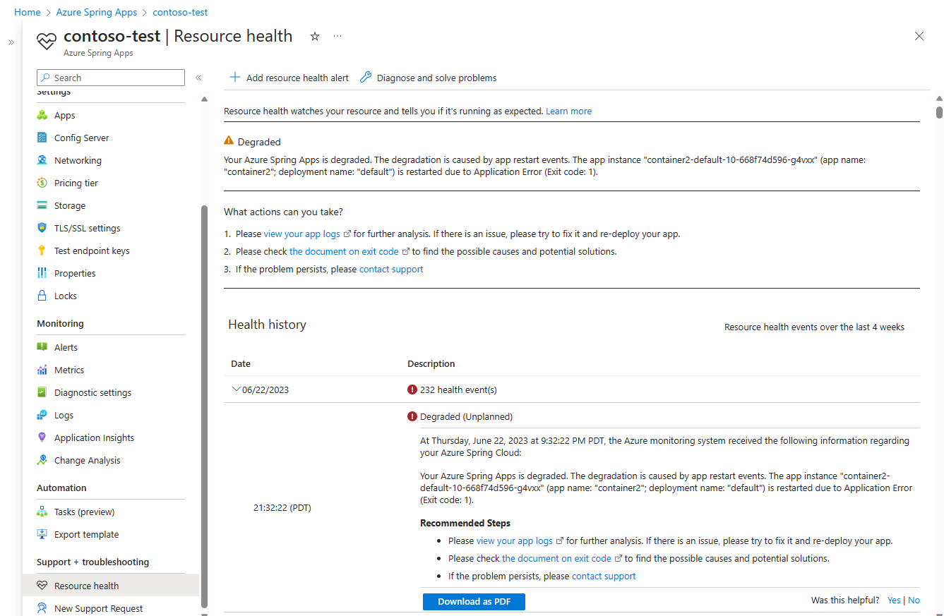 显示”资源运行状况”页的 Azure 门户的屏幕截图,其中包含已降级资源的信息和运行状况历史记录。