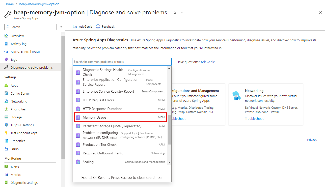 Azure 门户的屏幕截图,展示的是 Azure Spring Apps“诊断和解决问题”页面,其中突出显示了下拉列表中的“内存使用情况”。