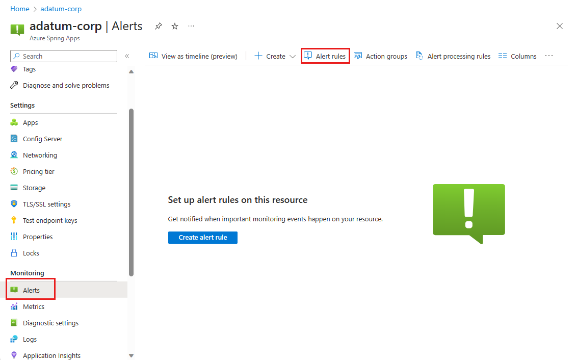 Azure 门户的屏幕截图,显示了“警报”页,突出显示了“警报规则”按钮。