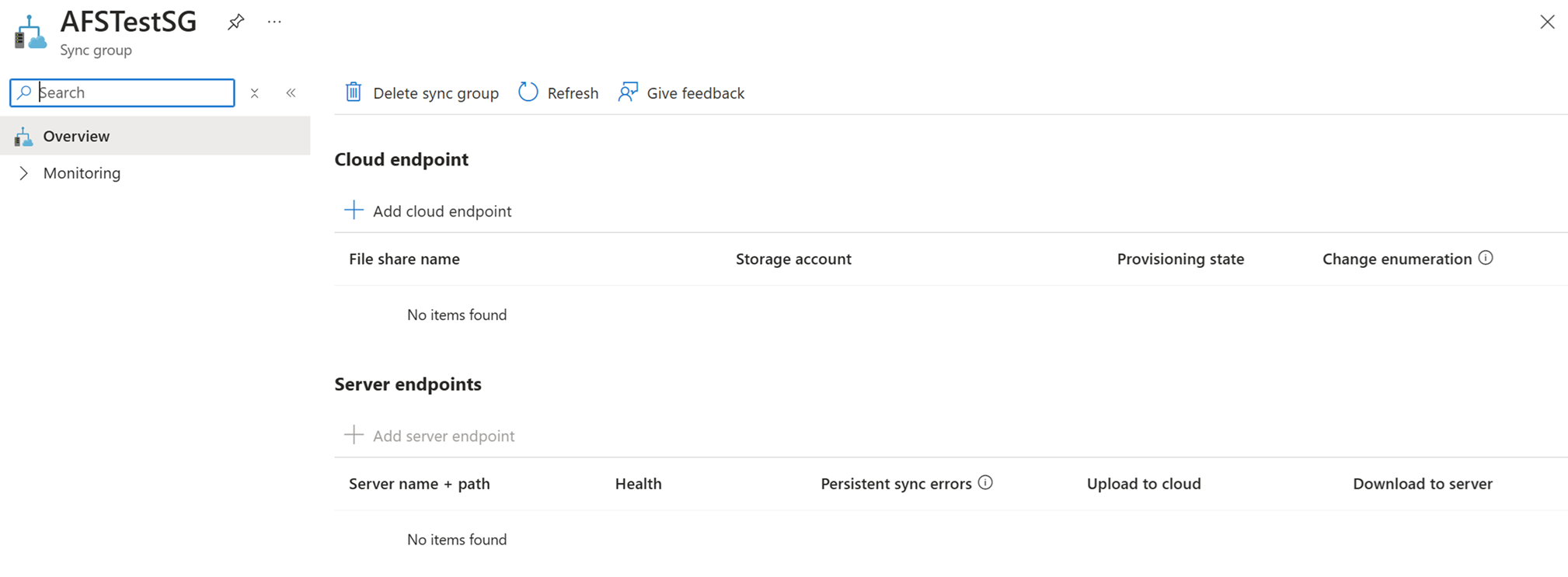 有关 Azure 门户中同步组的信息的屏幕截图，其中未显示任何云终结点。
