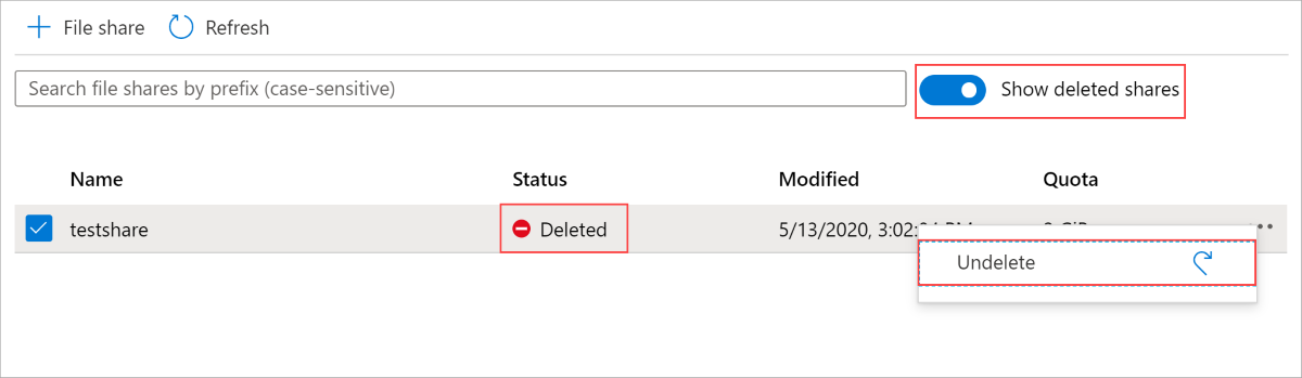 Azure 门户中已删除的文件共享上的“取消删除”选项的屏幕截图。
