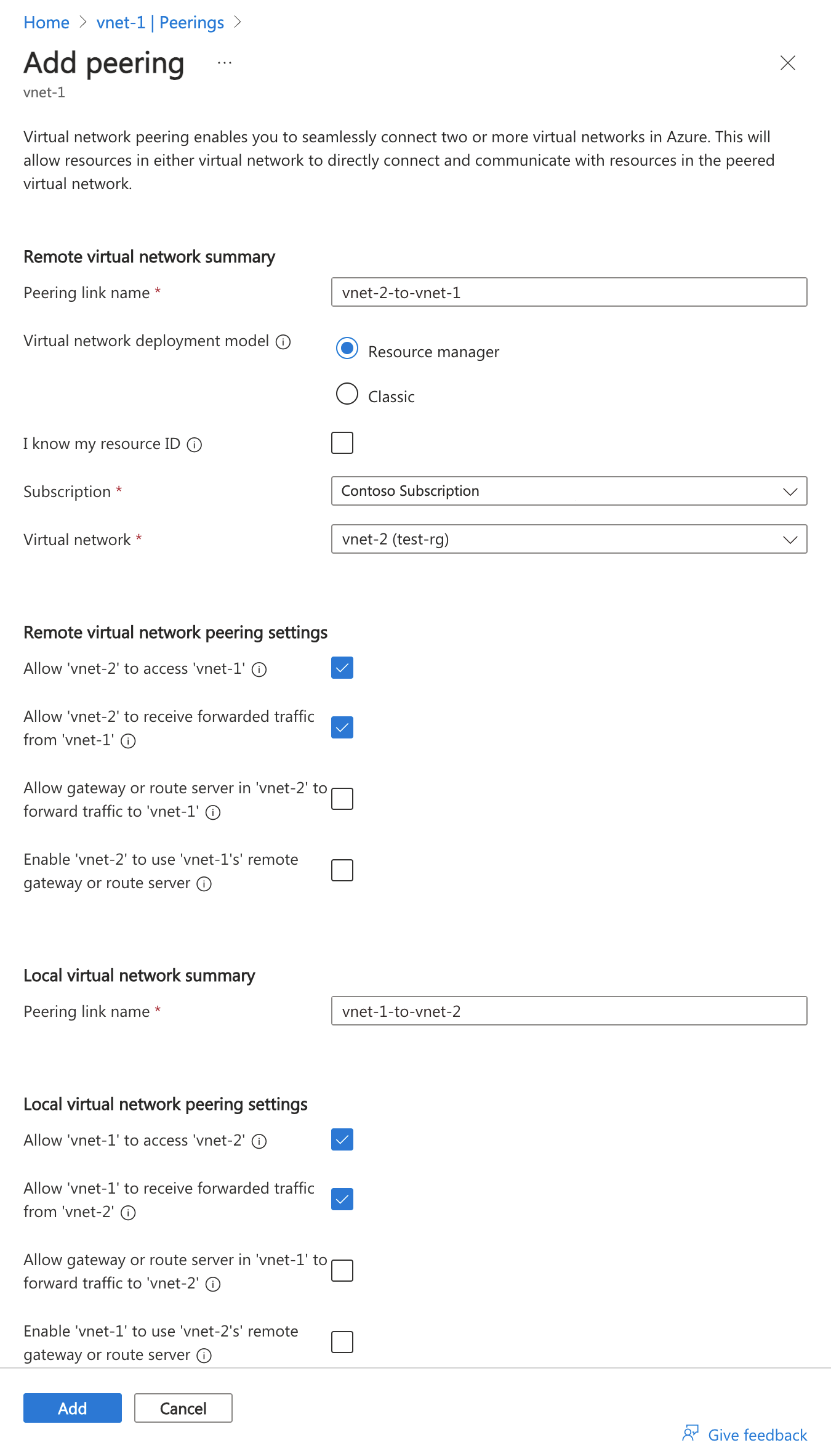 Azure 门户的屏幕截图，其中显示了虚拟网络对等互连配置页。