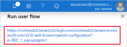 Azure 门户的“运行用户流”页上已知 URI 超链接的屏幕截图。