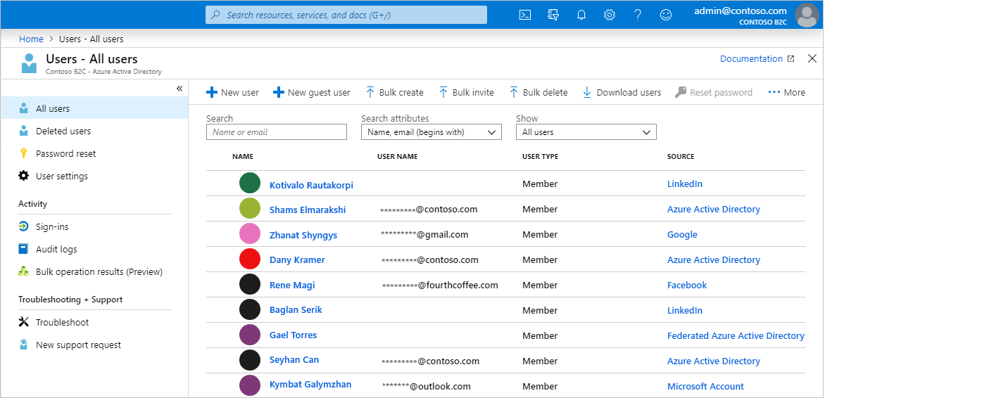 Azure 门户中 Azure AD B2C 用户管理页的屏幕截图。