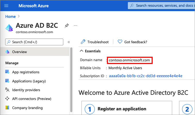 屏幕截图演示如何获取 Azure AD B2C 租户名称。