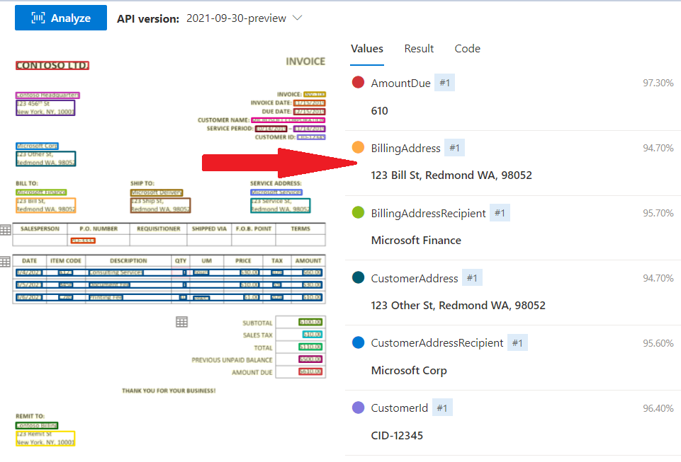 显示示例发票的屏幕截图。