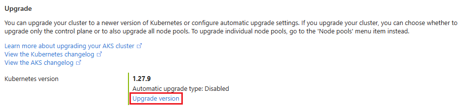 Azure 门户中 AKS 群集的升级群集页的屏幕截图。