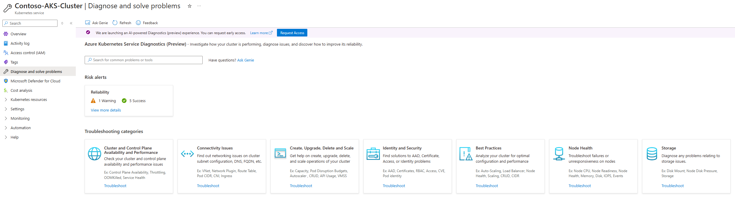 Azure 门户中 AKS“诊断并解决问题”主页的屏幕截图。