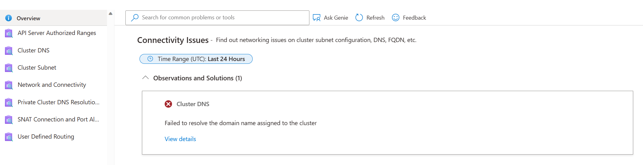 Azure 门户中的群集 DNS 连接问题的屏幕截图。