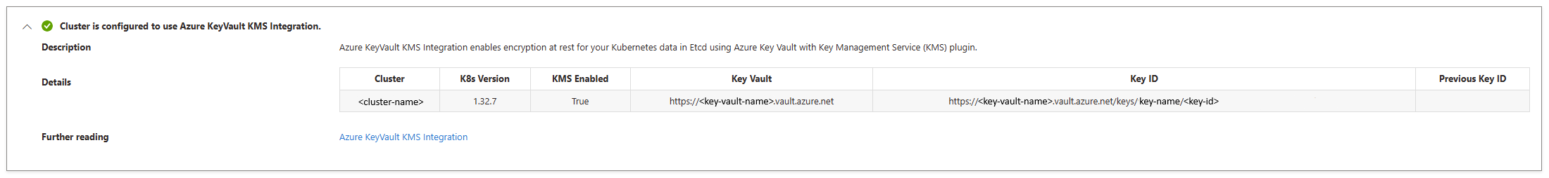 Azure 门户中 KMS 配置信息的屏幕截图。