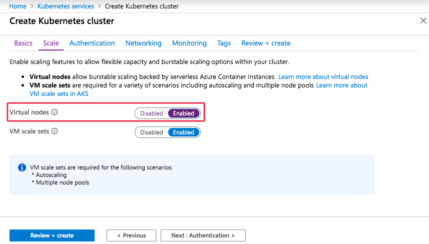 显示在 Azure 门户中创建启用了虚拟节点的群集的屏幕截图。突出显示“启用虚拟节点”选项。