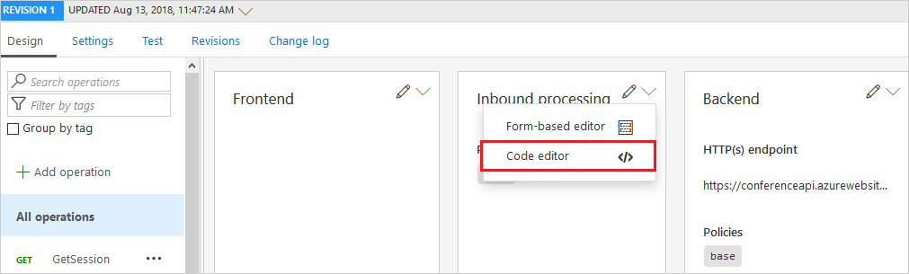 突出显示设计选项卡中的 API 代码编辑器的屏幕截图。