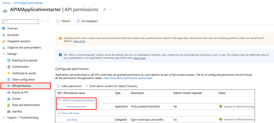 门户中的 API 权限的屏幕截图。