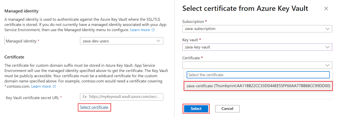 显示如何在 Azure 门户中选择要用于自定义域后缀的证书的屏幕截图。