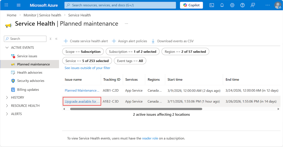 Azure 门户中 Azure Monitor 服务运行状况仪表板的屏幕截图，其中显示了可用升级的筛选列表。