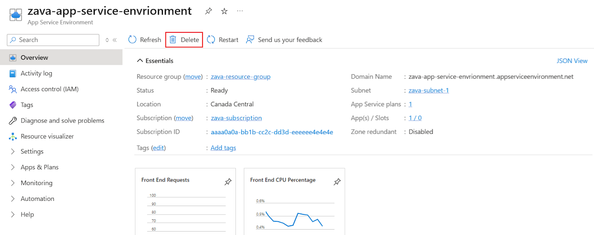 截图演示如何在 Azure 门户中删除 App Service Environment。