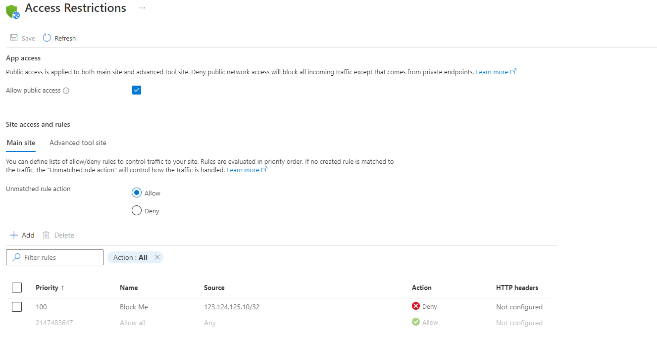 Azure 门户中的“访问限制”窗格的屏幕截图，只显示一个受阻止的 IP 地址。