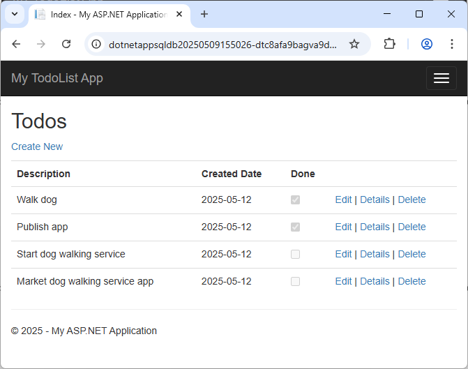 显示 Code First 迁移后的 Azure 应用的屏幕截图。