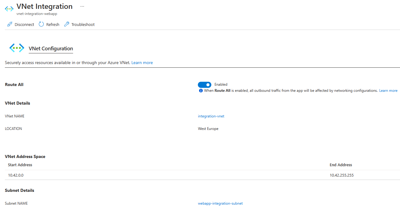 屏幕截图显示为虚拟网络集成启用了“全部路由”选项。