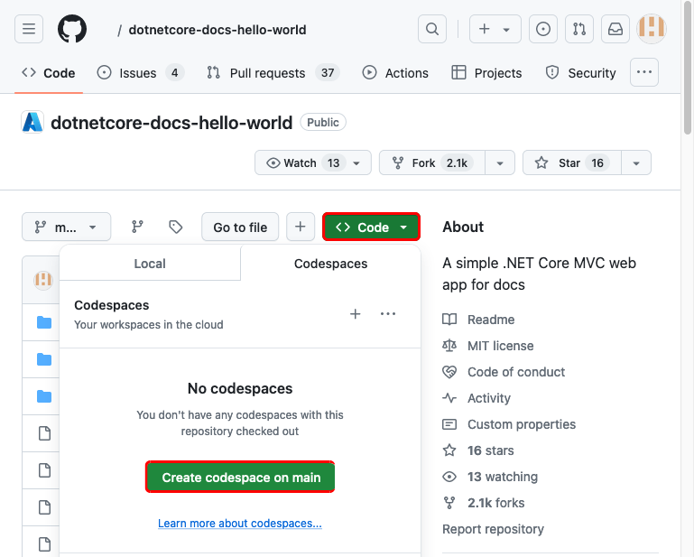 屏幕截图展示了如何在派生的 dotnetcore-docs-hello-world GitHub 存储库中创建代码空间。