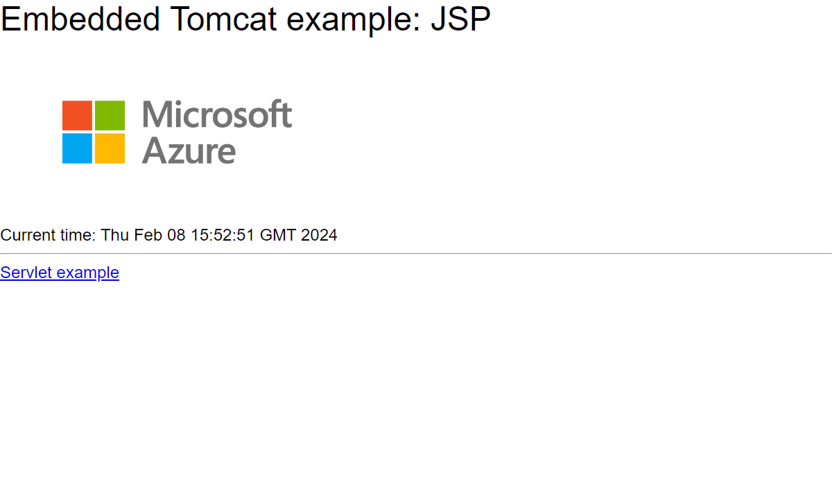 屏幕截图显示在 Azure 应用服务中运行的嵌入式 Tomcat Web 应用。