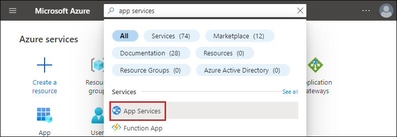 Azure 门户的屏幕截图，显示在搜索文本框中键入了“app services”。