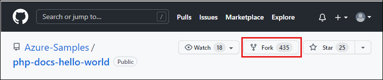 GitHub 中 Azure 示例存储库的屏幕截图，其中突出显示了 Fork 选项。