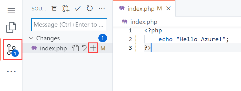 浏览器中的 Visual Studio Code 的屏幕截图，突出显示侧边栏中的 Source Control 导航，然后突出显示 Source Control 面板中的 Stage Changes 按钮。