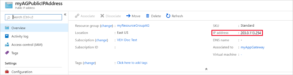 记下应用程序网关的 DNS 地址