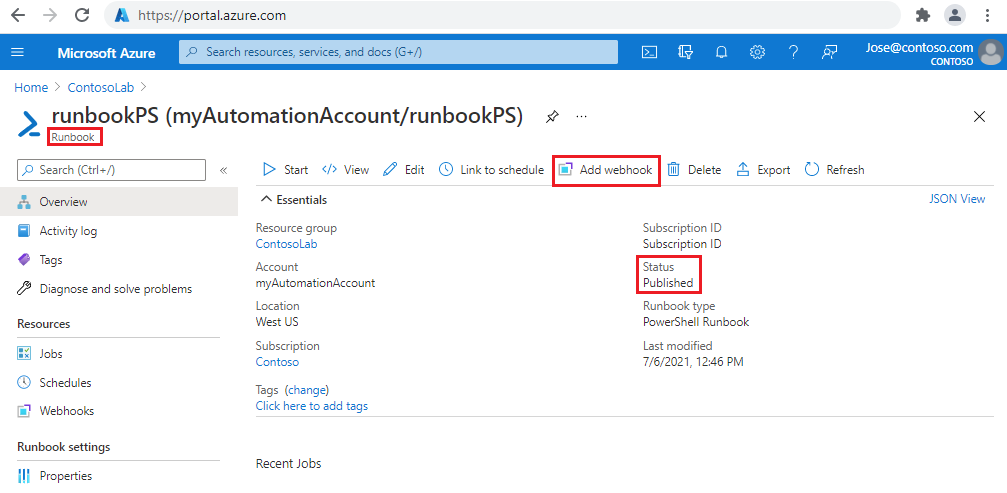 突出显示了“添加 Webhook”的 Runbook“概述”页。