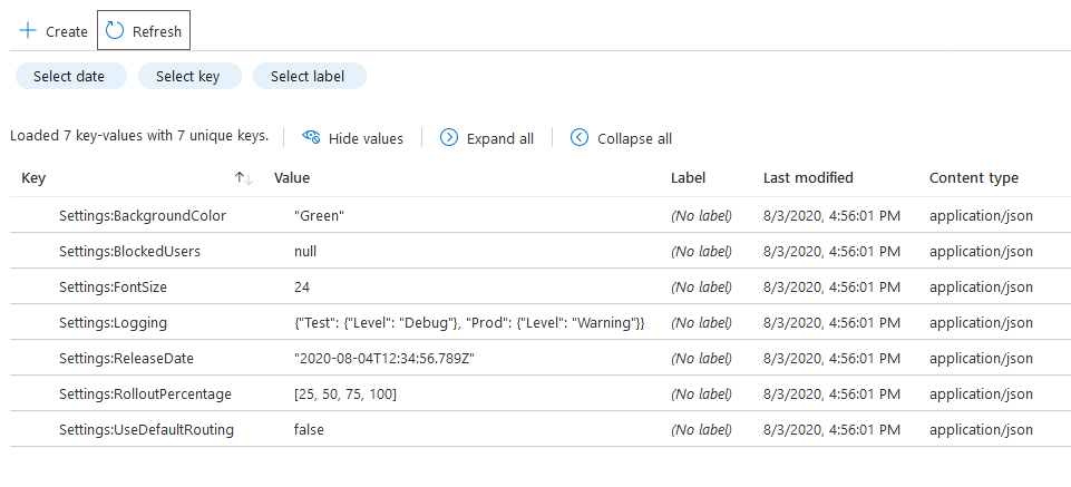 显示包含 JSON 键值的配置存储的屏幕截图。