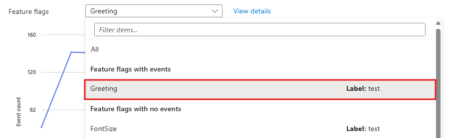 Azure 门户的屏幕截图，在应用配置资源的 Application Insights 边栏选项卡中选择特定功能标志。