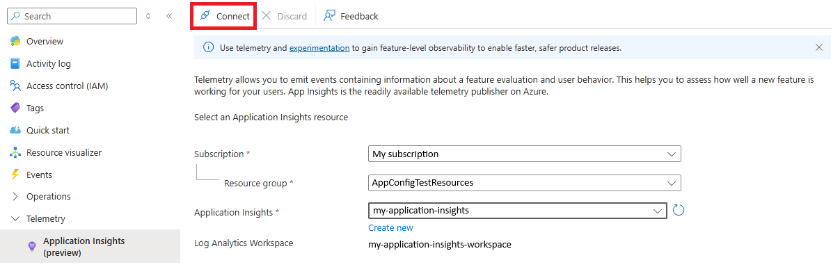 Azure 门户的屏幕截图，连接到 Application Insights。