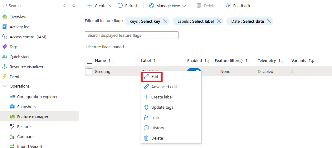 Azure 门户的屏幕截图，其中编辑了功能标志。