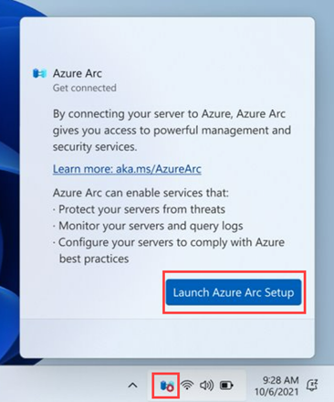 截图显示 Azure Arc 系统托盘图标和用于启动 Azure Arc 设置过程的窗口。