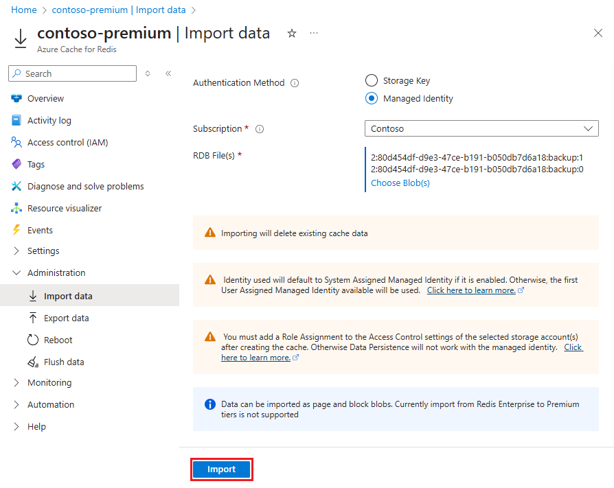显示用于选择开始导入的“导入”按钮的屏幕截图。