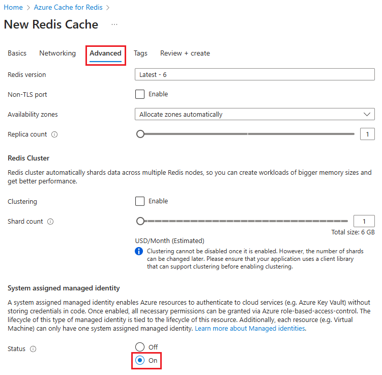 显示将系统分配的托管标识设置为 On 的屏幕截图。