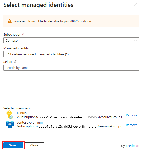 显示“添加选择托管标识”窗格的屏幕截图。