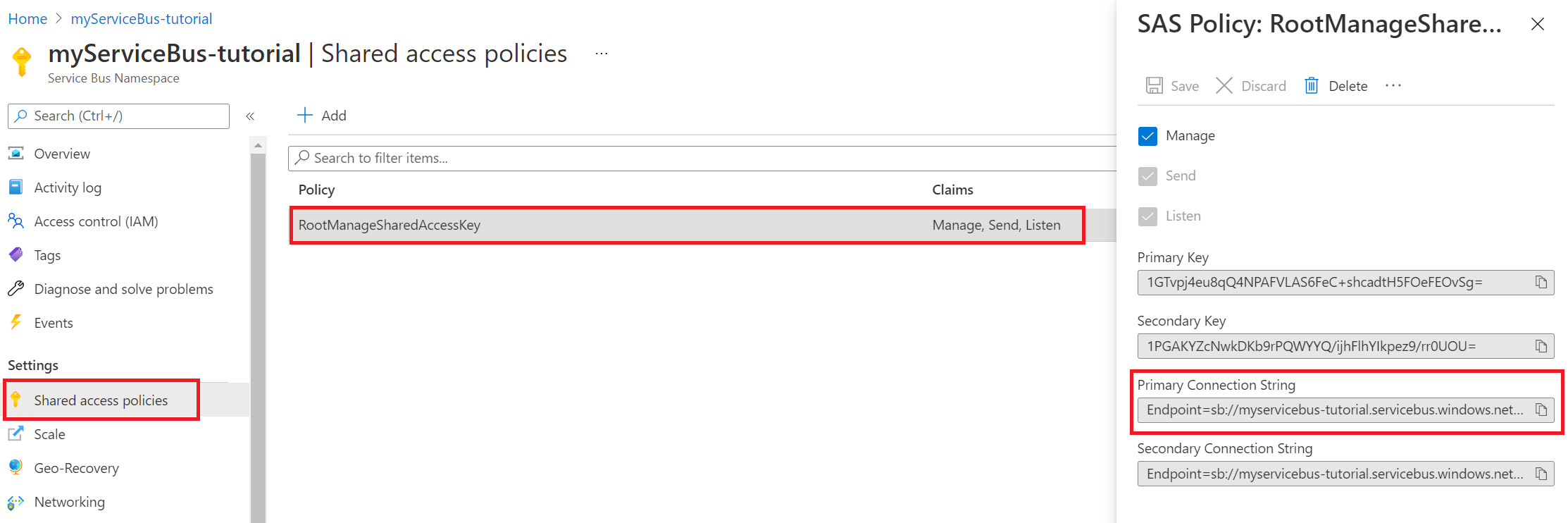 如何获取服务总线连接字符串的屏幕截图。