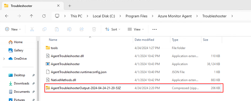 Windows 资源管理器窗口的截图,其中显示了用于独立安装的 AgentTroubleshooter 的输出。