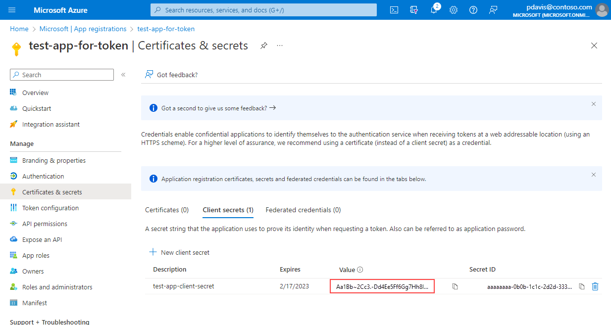 显示客户端机密页的屏幕截图。