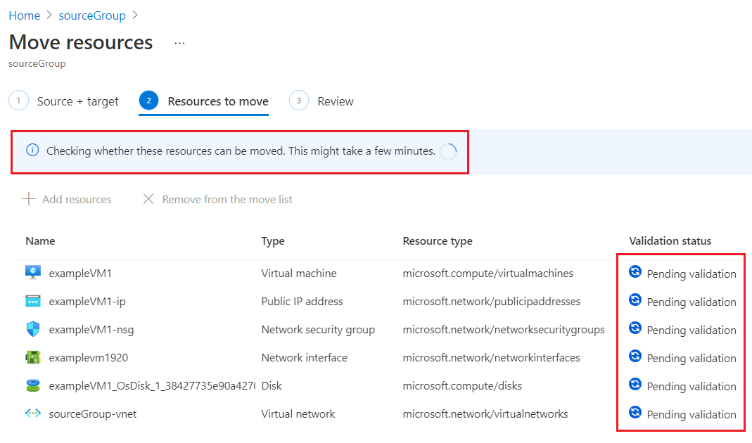 Azure 门户的截图，显示移动操作的验证过程。