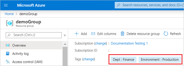 Azure 门户的屏幕截图，其中显示了概述部分中新添加的标记。