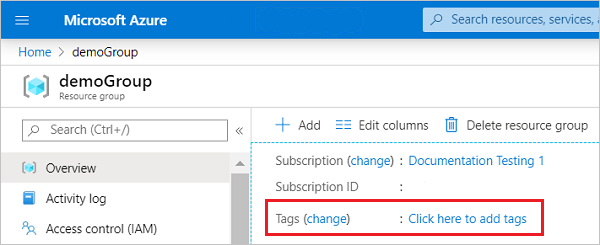 Azure 门户的屏幕截图，其中显示了资源组的标记。