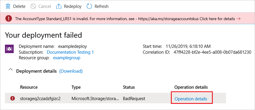 失败的部署的屏幕截图，其中突出显示了操作详细信息的链接。