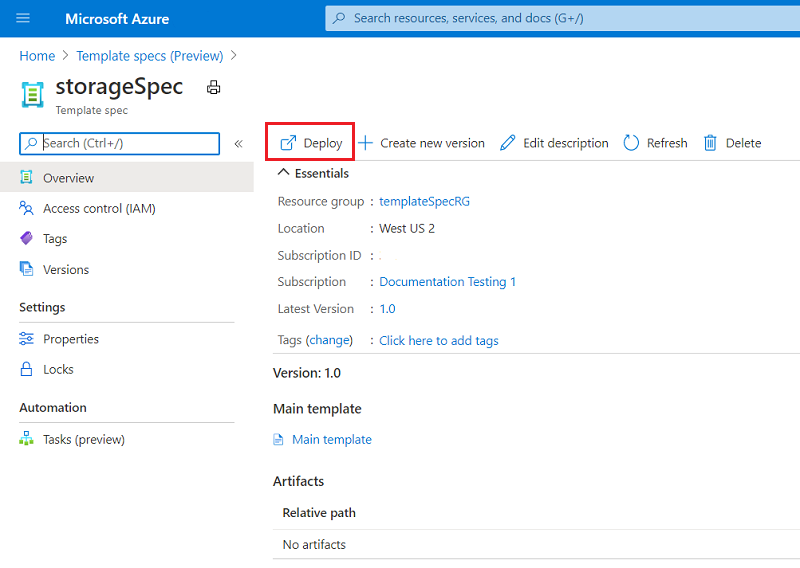 所选模板规格中“部署”按钮的屏幕截图。